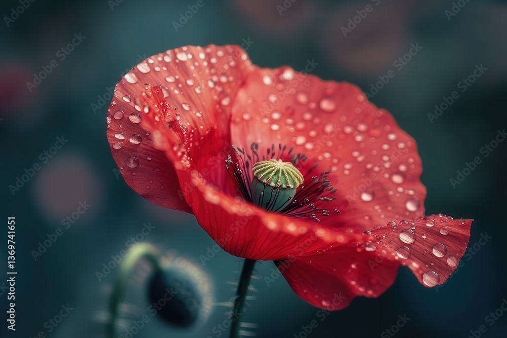 Poster macro view of red poppy with water droplets and textured petals in softly blurred background