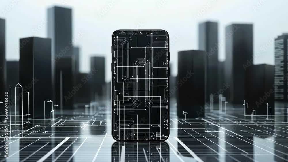 Poster the focus is on a smartphone enveloped by a barrier of translucent cybernetic bricks each inscribed 