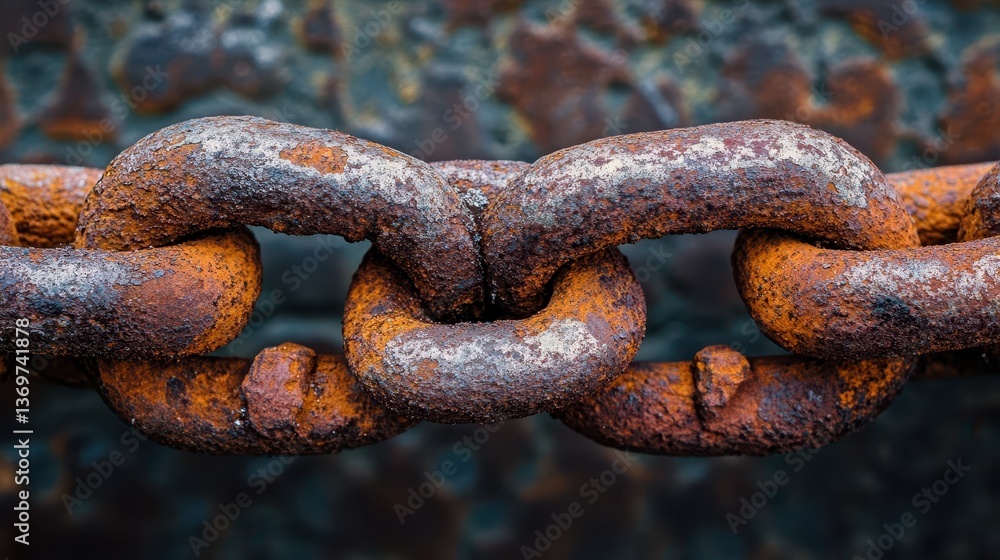 Poster a close up photo depicts three linked rusty chain links