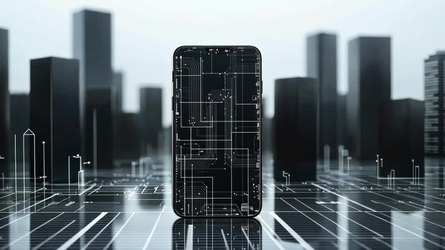 The focus is on a smartphone enveloped by a barrier of translucent cybernetic bricks each inscribed with circuit patterns conveying a strong sense of technological safety and data integrity