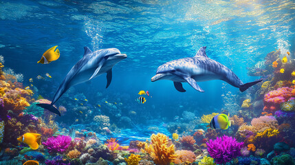 Naklejka premium A vibrant underwater scene featuring two dolphins swimming gracefully in a crystal-clear blue ocean,