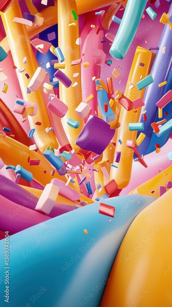 Poster Vibrant Animated Scene with Bouncing Playful Candy Elements