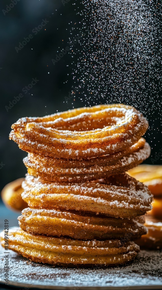 Poster stacked churros with sugar dusting on a dark background