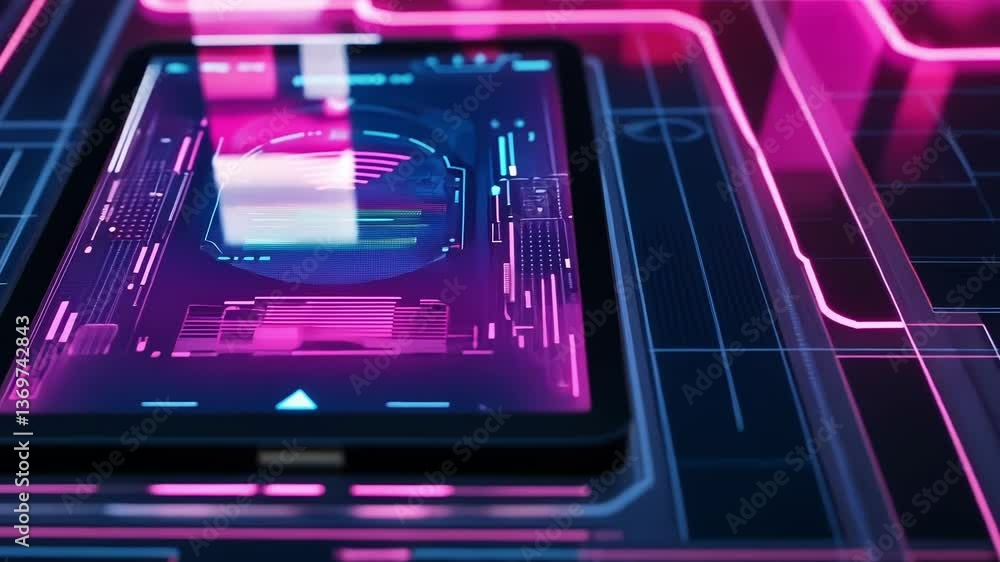 Poster futuristic smartphone is displaying wifi signal and encrypted data on a vibrant neon lit interface, 