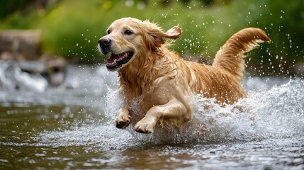 A golden retriever splashing in a stream, its fur wet and shining
