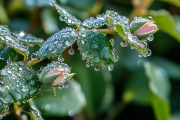 Dew Drops on Lush Green Rose Leaves Nature Photography bud wet eco leaf plant water macro