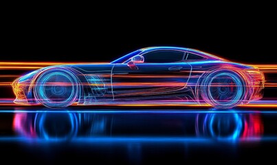 Futuristic Sports Car On Neon Highway. Powerful acceleration of a supercar with colorful lights trails. generative AI