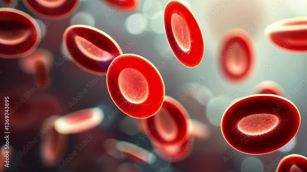 Poster a dynamic view of red blood cells circulating through a fluid medium, highlighting their distinctive