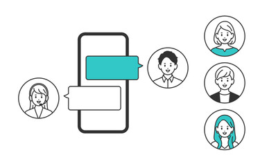スマホでオペレーターとチャットする若い男性（差し替え用のアイコンセット）【人物ベクターイラスト素材】