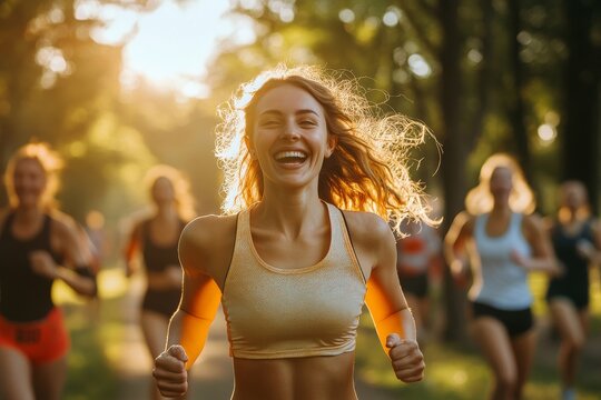 Team cheering woman running in sunny park