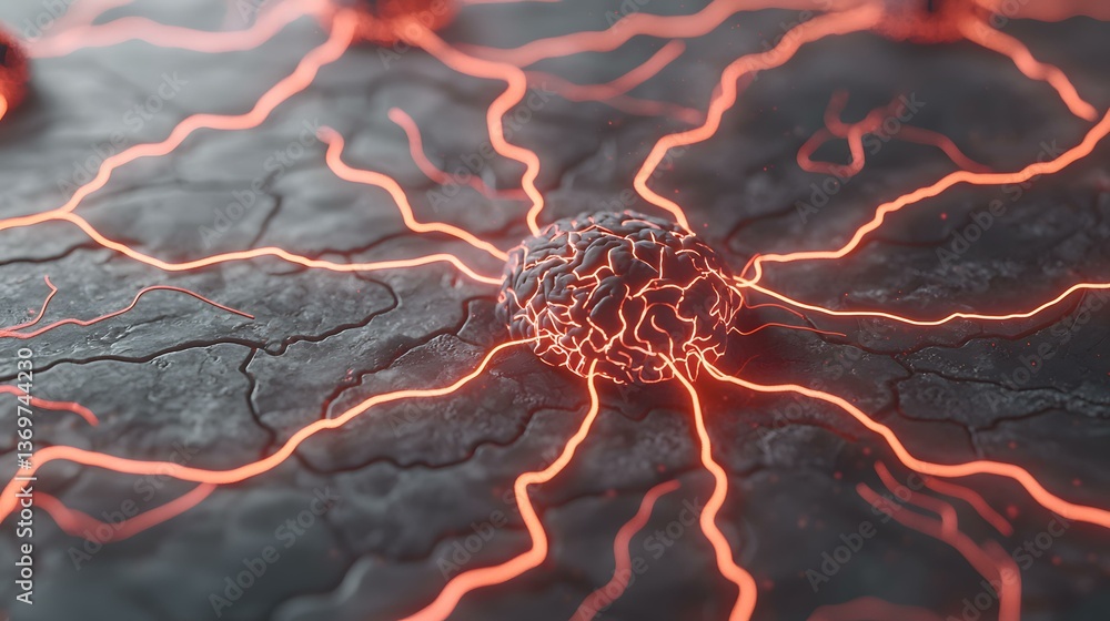 Poster a 3d rendering shows a brain-like structure at the center, glowing with an inner orange light, conne