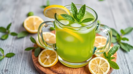 Fototapeta premium Aloe vera juice and lemon juice, lemonade with lemon and mint