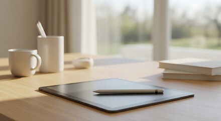 A digital tablet with a stylus on a minimalist workspace setup.