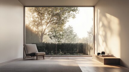 Modern Room with Garden View, Sunrise, Relaxation, Interior Design, Stock Photo