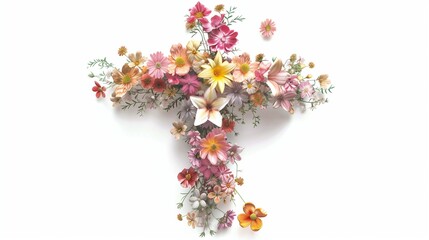 A finely detailed cross decorated with Easter flowers, isolated on a white background.
