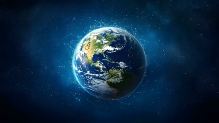 The image shows a detailed rendering of planet Earth, centered on North and South America, set against a dark blue backdrop of space speckled with stars.  A network of glowing lines connects points a