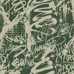 Graffiti teenagers pattern. Abstract seamless grunge text print. Collage of lettering and different tags. Wall street ornament. Old school and urban street art theme. Vector monochrome background