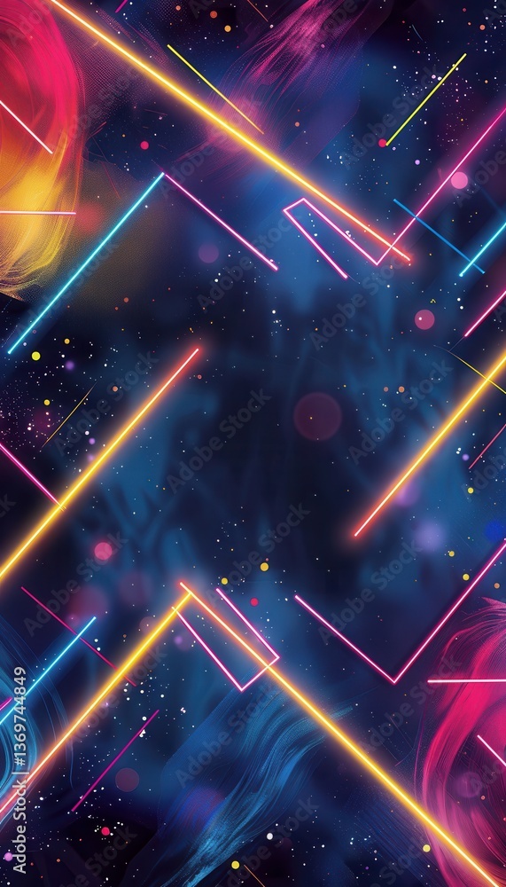 Poster abstract neon lines and festive patterns on dark background for carnival poster or card design
