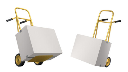 Set of Airport luggage cart or baggage trolley side with stack of cardboard boxes or cartons on white background. 3d render element of airport or warehouse service