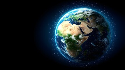 Fototapeta premium The image shows a detailed digital rendering of planet Earth, primarily showcasing Africa and Europe. A glowing, ethereal light trails around the globe, suggesting a network of connections or data s