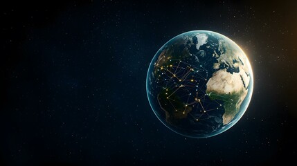 Obraz premium The image shows a digital rendering of planet Earth from space, with glowing lines connecting various points across its surface, representing a global network or interconnectedness against a backdrop