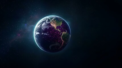 Obraz premium A stylized image of planet Earth, seen from space, with glowing lines connecting major cities, illustrating global interconnectedness against a backdrop of stars.