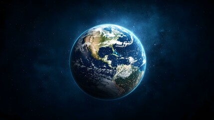 Fototapeta premium The image shows a detailed view of planet Earth from space, centered on North and Central America, with city lights visible at night against a dark, starry backdrop.