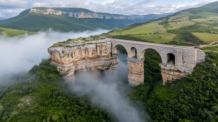 Fototapeta premium Ancient Stone Bridge in Misty Mountain Valley