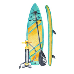 watercolor inflatable blue and yellow paddleboard, black paddles, pump, hand drawn illustration of stand up paddle board, SUP and equipment, simple sketch of summer vacation on water, sea, ocean
