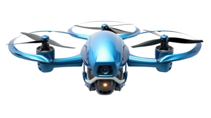A blue drone with propellers and a camera on black background