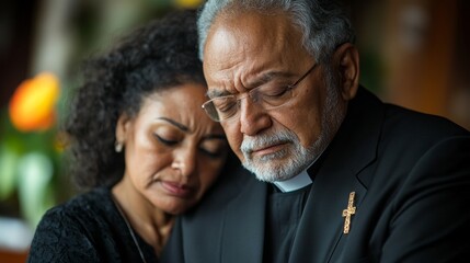 In a serene environment, a Catholic priest gently places his hand on the shoulder of a grieving woman, conveying compassion and empathy during a somber time