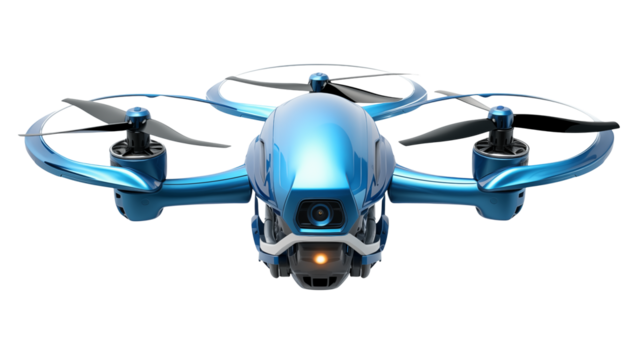 A blue drone with propellers and a camera on black background