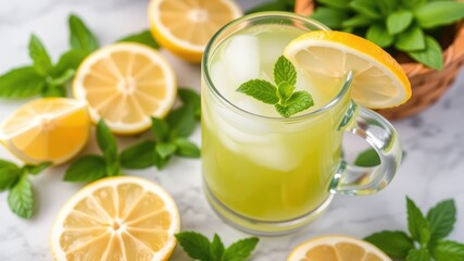 Fototapeta premium Aloe vera juice and lemon juice, lemonade with lemon and mint