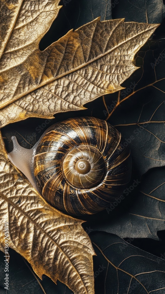 Poster snail shell resting on golden and dark leaves showing intricate details