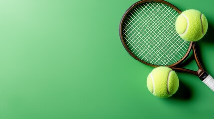 Tennis Racket and Balls on Green Background