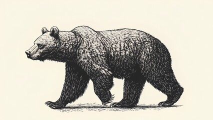 Hand Drawn Vintage Bear Illustration, Retro Ink Engraving Style on Beige Background