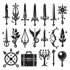 RPG weapon icon set, vector fantasy game sword collection, dungeon dragon battle attack object kit: magic sorcerer staff, warrior dagger, medieval bow, arrow, and character equipment vector 