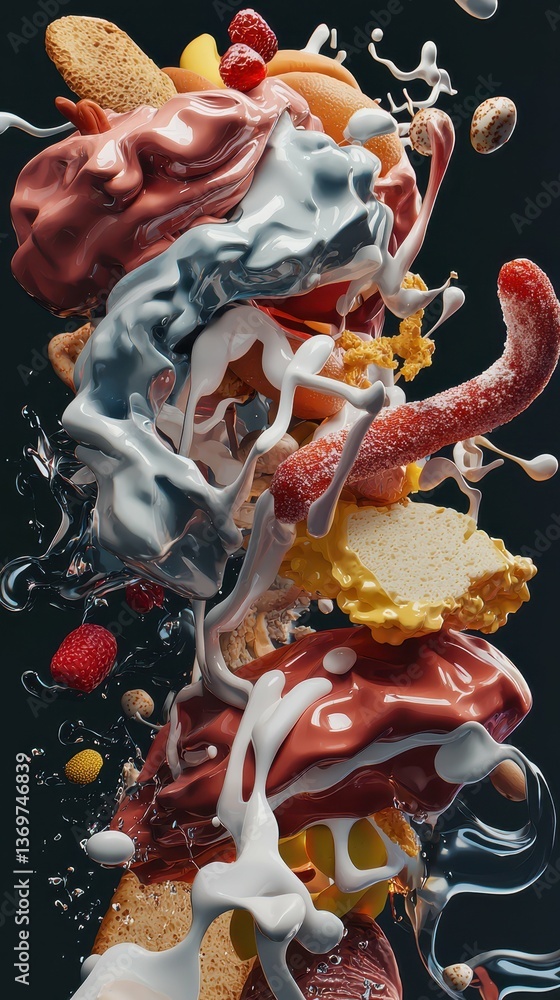Aufkleber abstract rendering of melting junk food elements in dynamic composition