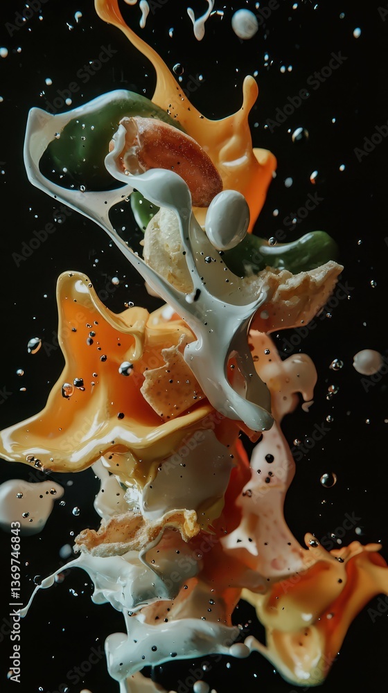 Poster abstract rendering of melting junk food with colorful swirls