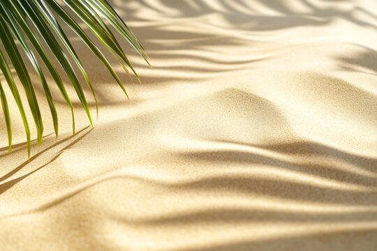 Sandy beach background with palm leaf and shadows creating a tropical summer vibe