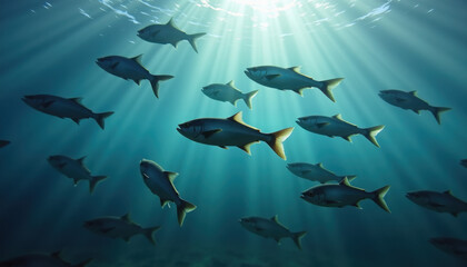 Obraz premium School of fish swimming gracefully underwater with sunlight rays penetrating the surface 