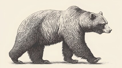 Hand Drawn Vintage Bear Illustration, Retro Ink Engraving Style on Beige Background