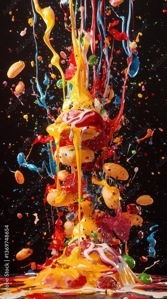 Poster Imaginative Junk Food Explosion in Bright Colors and Dynamic Patterns