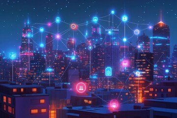 Futuristic cityscape at night, interconnected by glowing icons, smart city concept