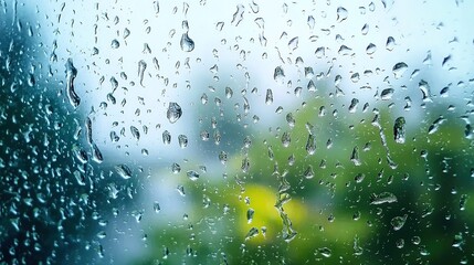 Abstract raindrops pattern on glass window with blurred green leaves and soft blue sky background, 8K Ultra HD resolution with transparent cutout for weather app interfaces, spring-themed wallpapers o