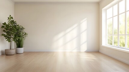 Bright Sunlight Streaming into Minimalist Room with Plants Light Hardwood Floor
