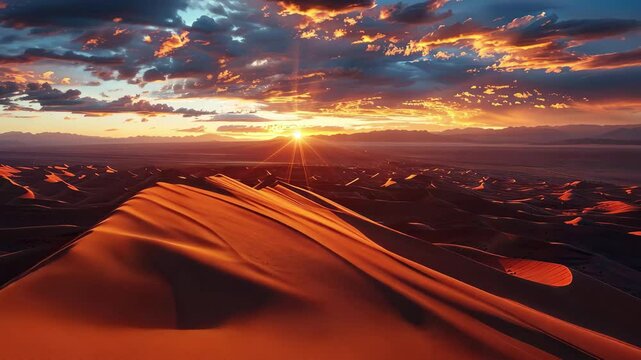 A breathtaking sunset casts warm hues over rolling sand dunes, highlighting the texture of the desert while dramatic clouds fill the sky. It&rsquo;s a serene evening moment of nature's beauty.
