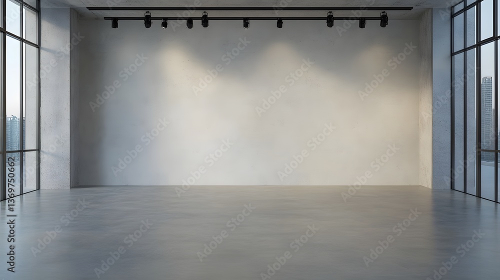 Poster modern empty room with large windows and track lighting ideal for gallery or presentation
