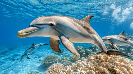 Three Dolphins Swimming Near Vibrant Coral Reef in Clear Blue Water