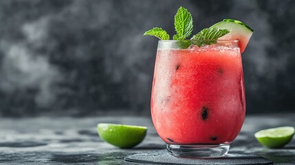 Vibrant Watermelon Mint Bliss A Refreshing Cocktail Garnished with Lime and Fresh Mint isolated on grey background